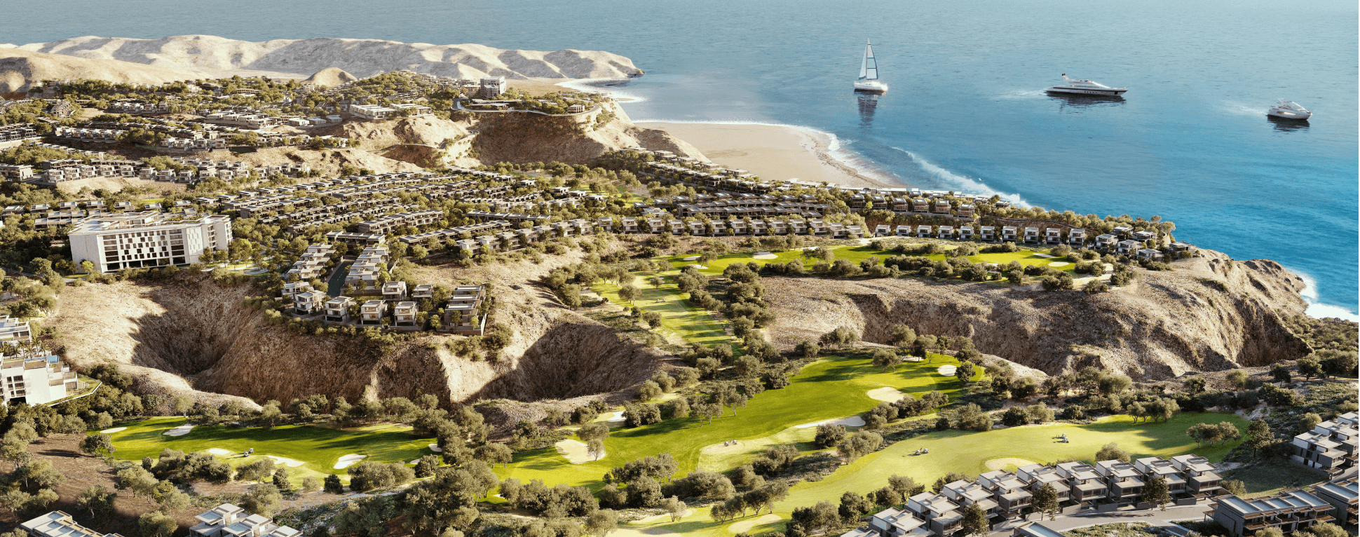 Aerial project reference showing the AIDA cliffside masterplan, golf and coastal setting